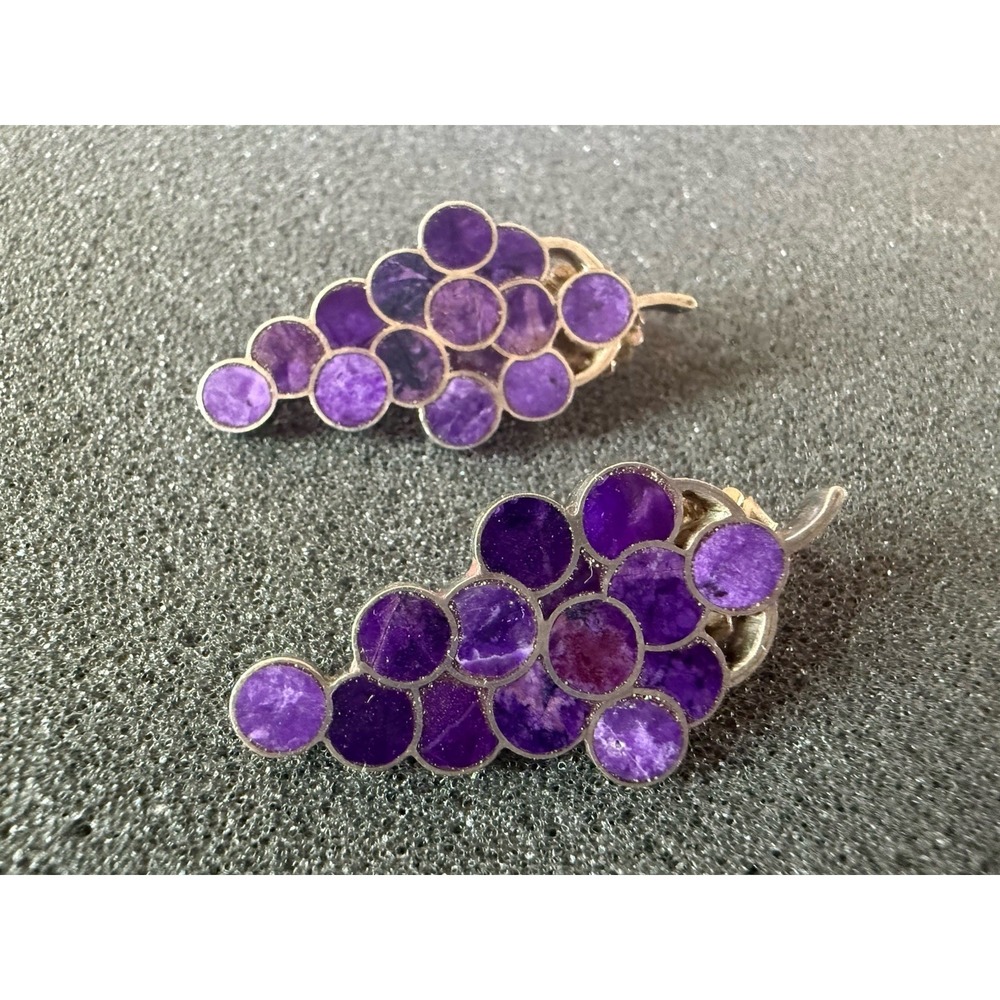 VTG R&F Milliron 925 Sterling Silver Purple Stone Inlay Grape Cluster Earrings